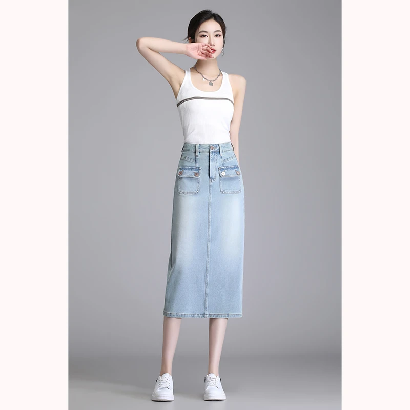 高腰牛仔半身裙女夏季薄款2024新款显瘦弹力开叉包臀A字中长裙169