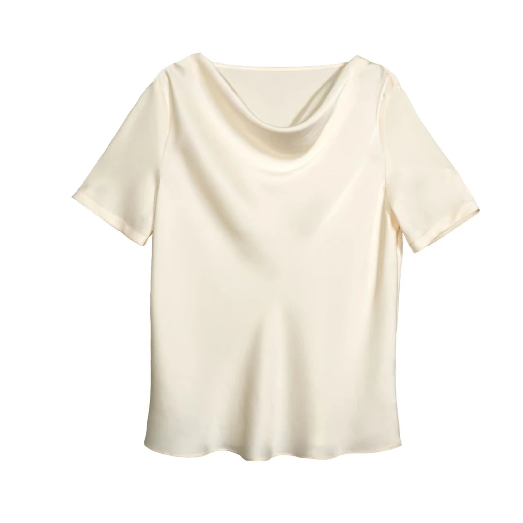 【精致翘楚】纯色气质高级感时髦爆款显瘦堆堆荡领铉小众短袖上衣