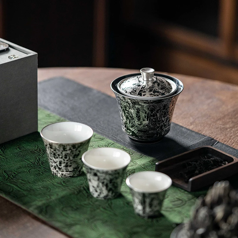何赋森鎏银旅行茶具户外便携式快客杯高档黑色盖碗一盖三杯