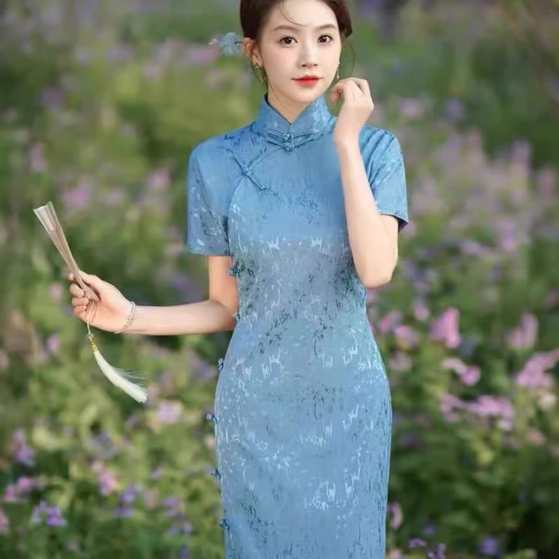 年轻款古法全开『蓝鹿』绝美提花旗袍