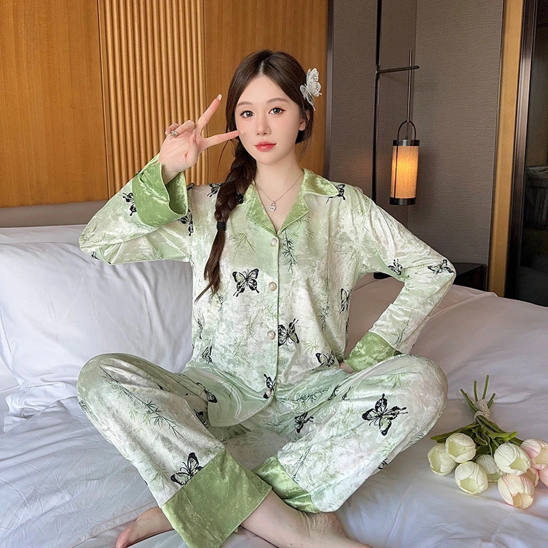 【小美慧】秋冬蝴蝶印花拼接新款睡衣女金丝绒甜美休闲家居服套装