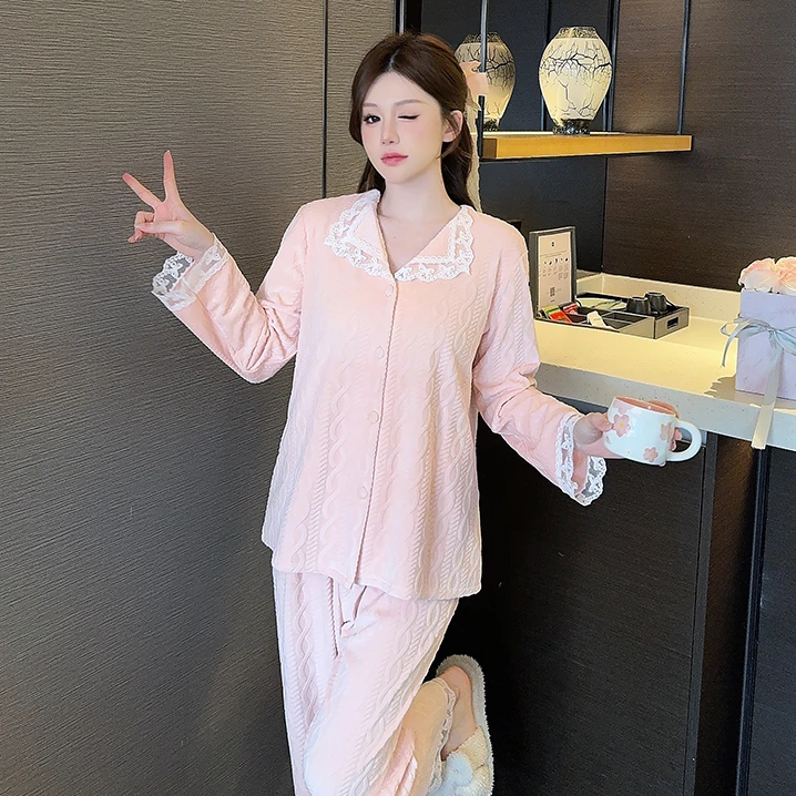 【小美慧】翻领海岛绒新款宽松春秋冬季睡衣加绒女士甜美舒适家居服