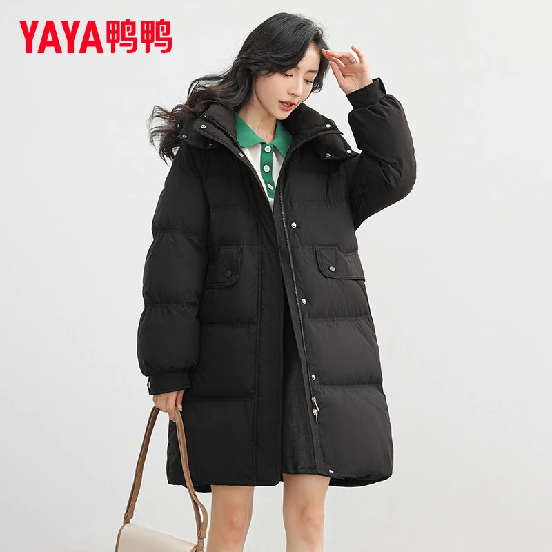 鸭鸭2025冬季新款羽绒服可脱卸帽女士外套韩版宽松中长款可收腰厚