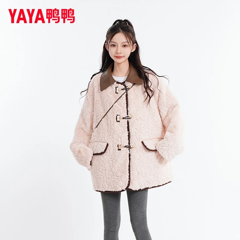 YAYA/鸭鸭中长款羽绒服女2024年新款时尚带包毛绒拼接撞色外套潮