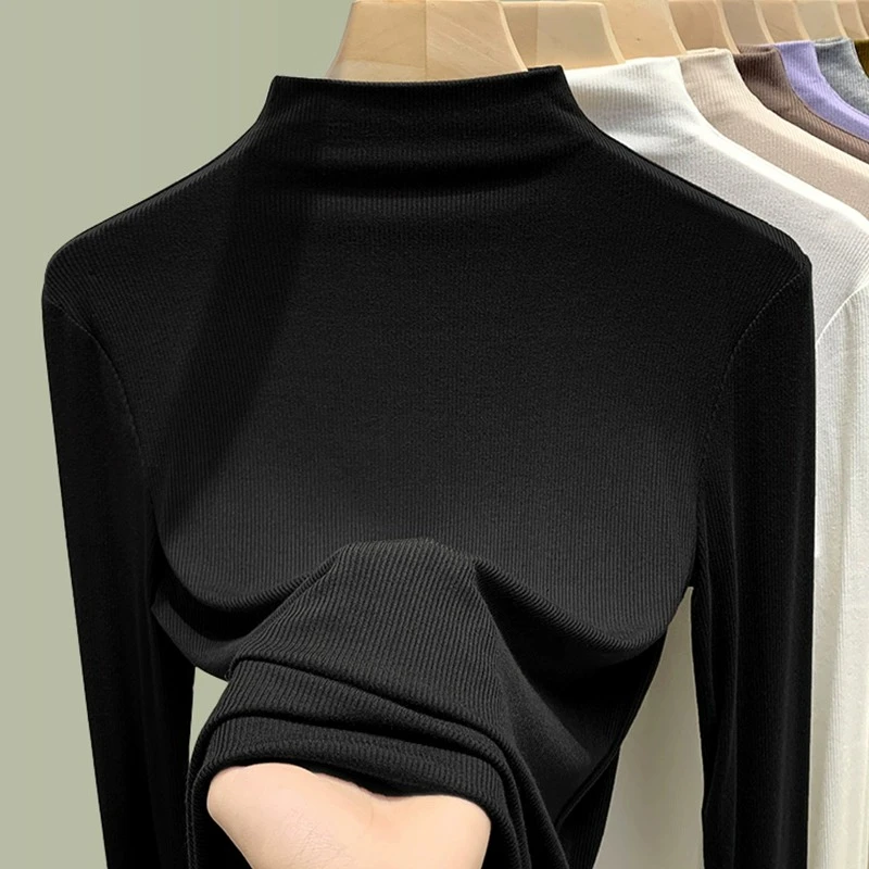 高级感半高领加绒打底衫女秋冬2023新款内搭修身中领上衣磨毛t恤