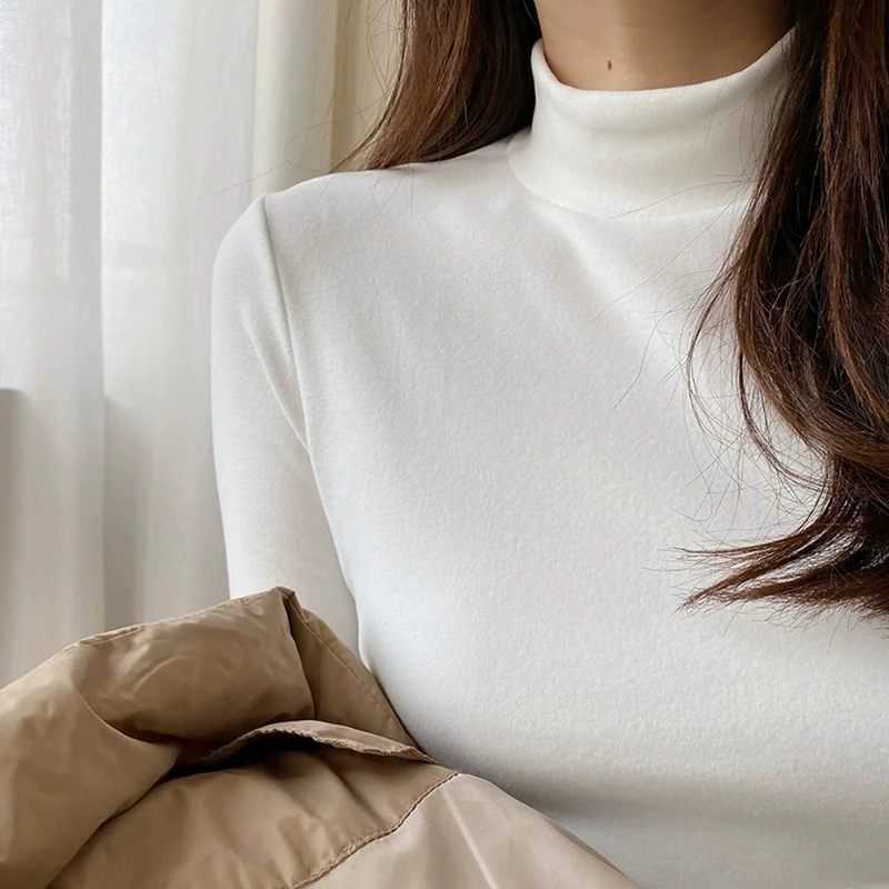 大衣内搭白色打底衫女秋冬半高领双面德绒加绒加厚保暖上衣t恤女