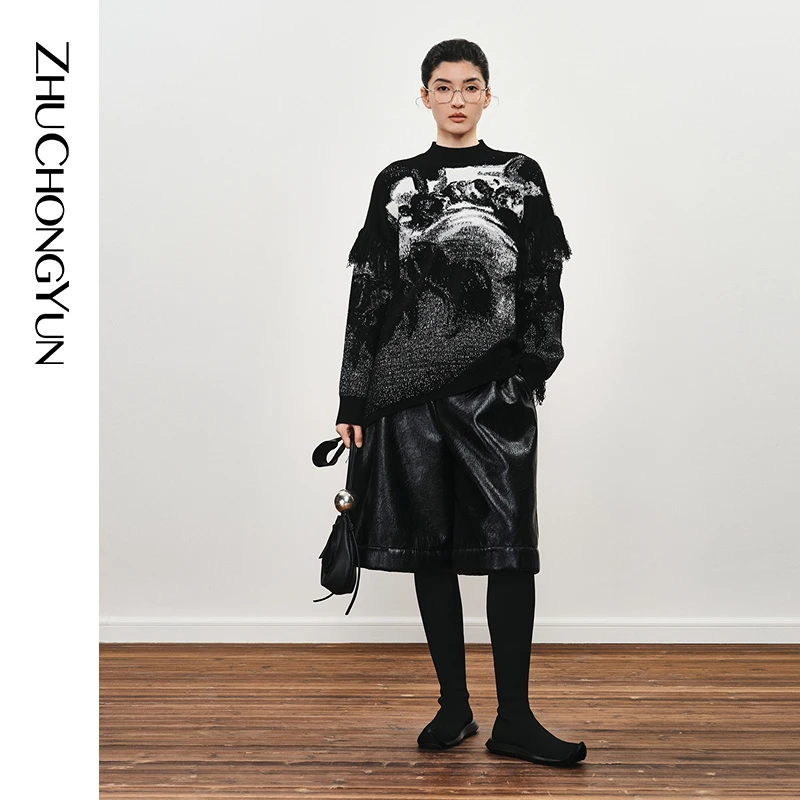 ZHUCHONGYUN2024冬【暮色骏影】小高领流苏提花针织上衣C1EG4821M