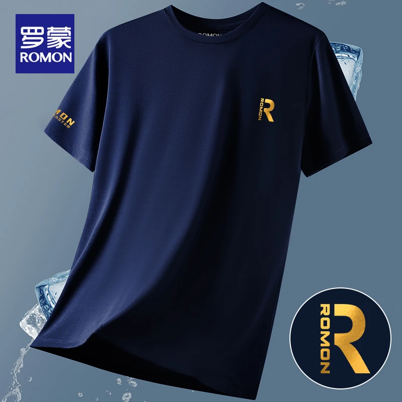 罗蒙夏季莫代尔冰丝短袖T恤男士半袖打底衫圆领冰感宽松大码上衣
