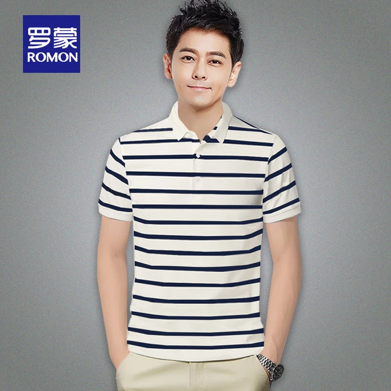 罗蒙polo衫短袖T恤男士夏季薄款中年商务休闲白搭条纹翻领上衣服