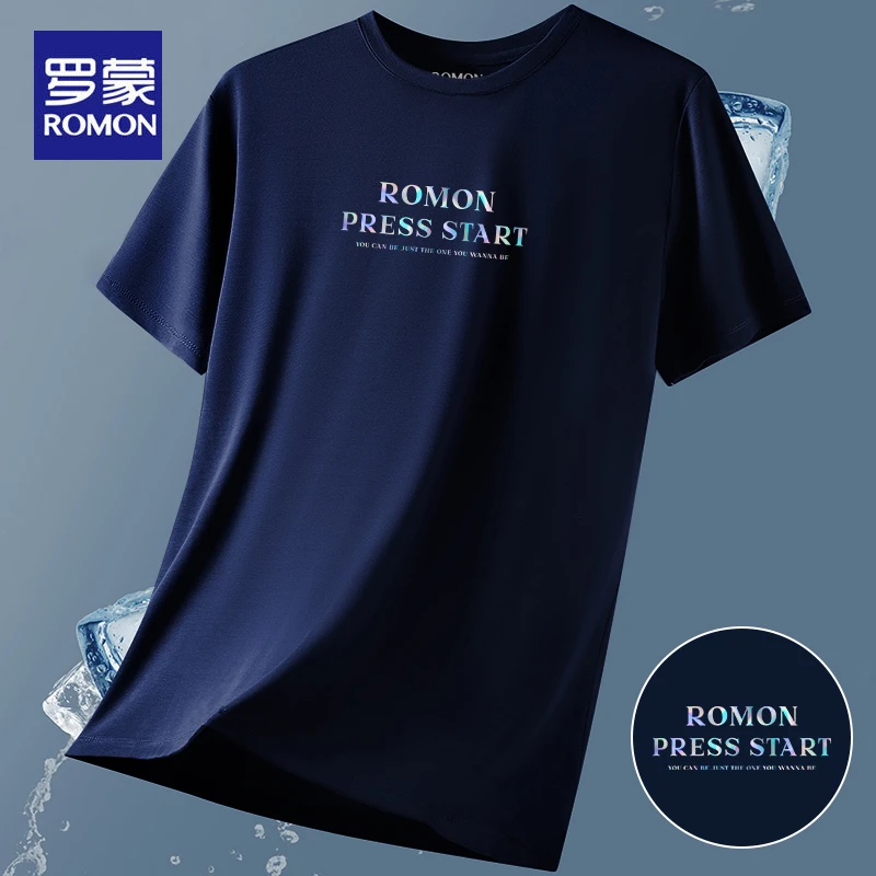 罗蒙夏季莫代尔男士圆领短袖T恤冰丝薄款打底衫休闲半袖体恤上衣