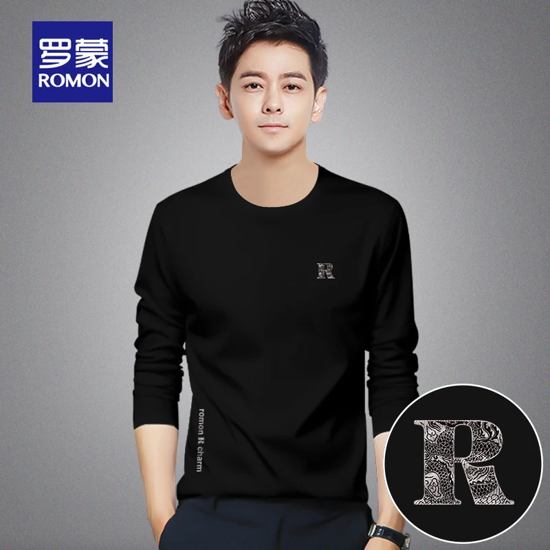 罗蒙长袖打底衫男士秋冬新款圆领印花韩版舒适修身休闲百搭上衣服