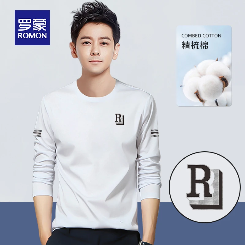 罗蒙长袖T恤男士秋冬季秋新款圆领内搭打底衫潮牌印花百搭秋衣服