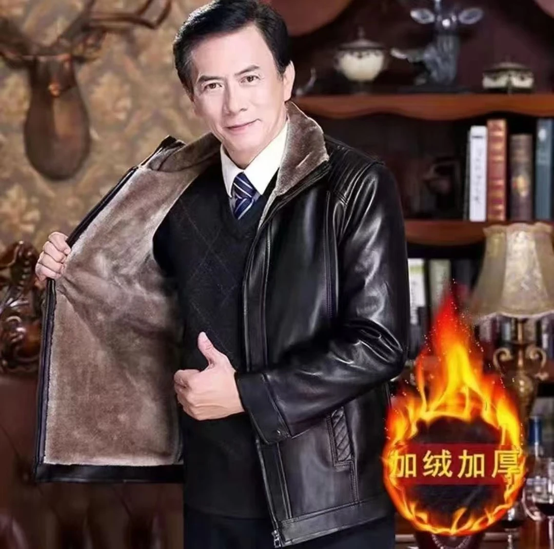 2024男士经典加绒加厚皮毛一体皮衣外套