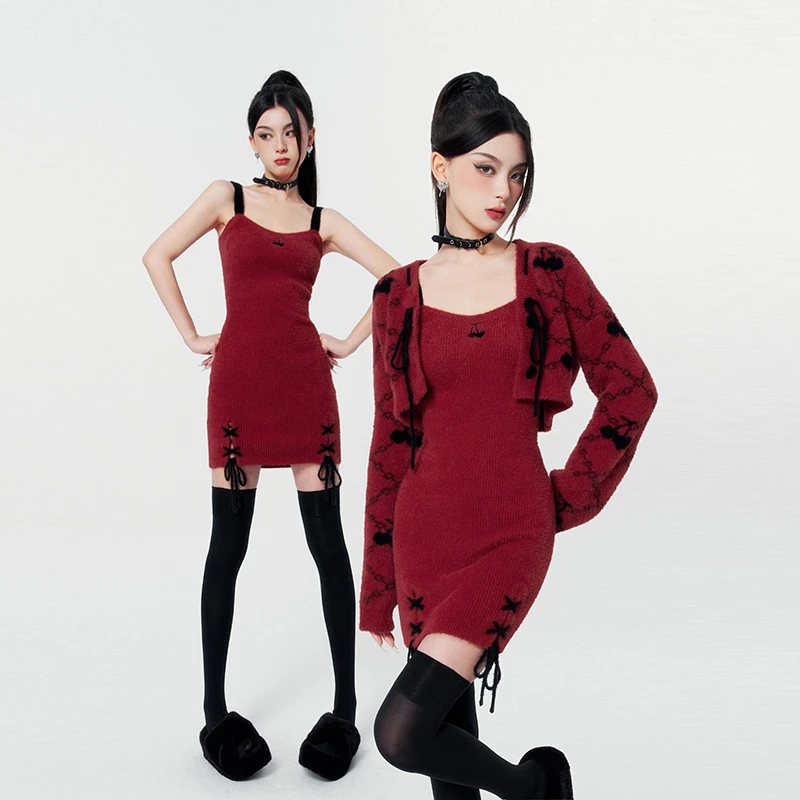 VOCK 酒心樱桃 纯欲限定辣妹仿貂绒软糯提花针织短开衫吊带裙秋冬