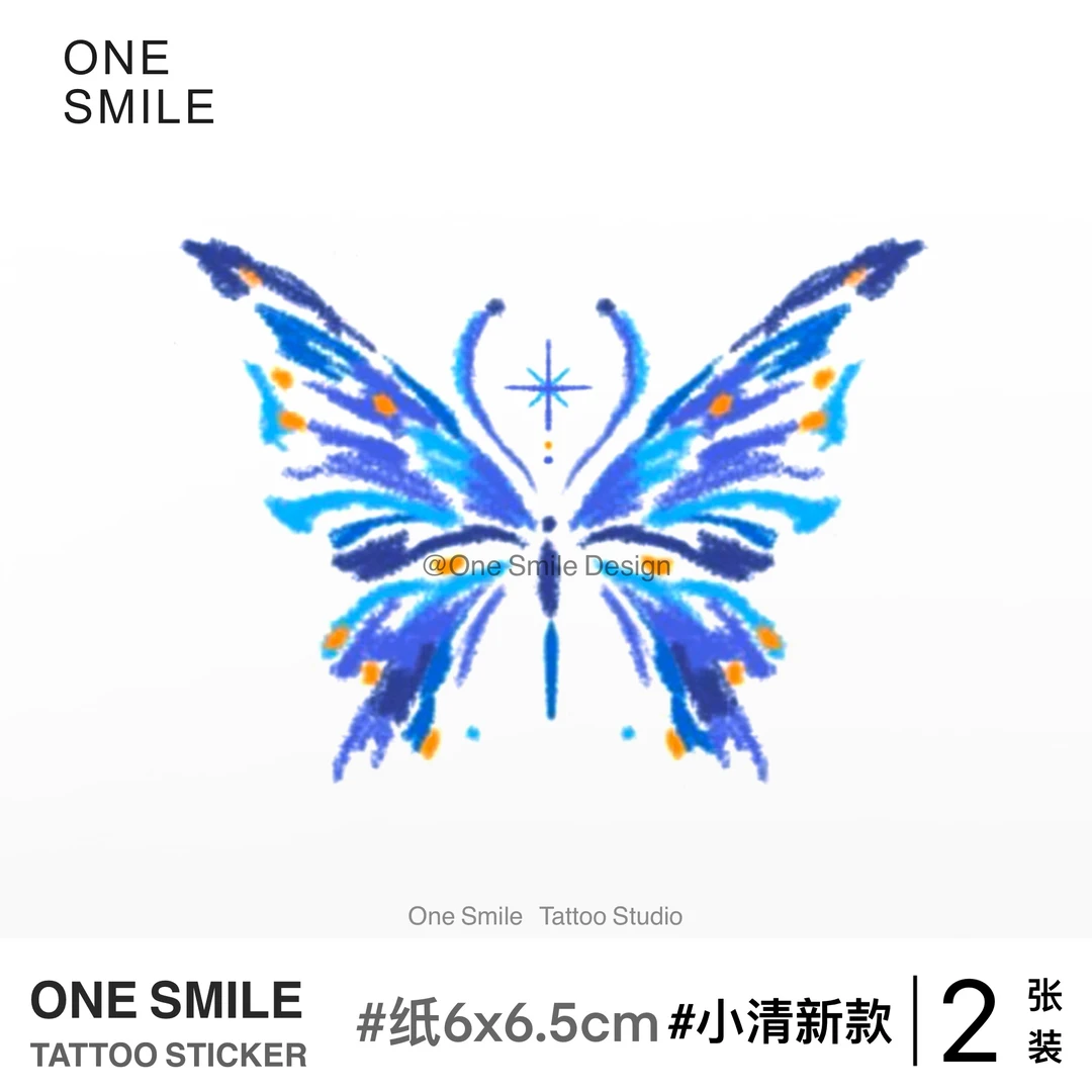 ONESMILE 蓝色蜡笔蝴蝶 多巴胺夏天音乐会卡通小清新彩色纹身贴