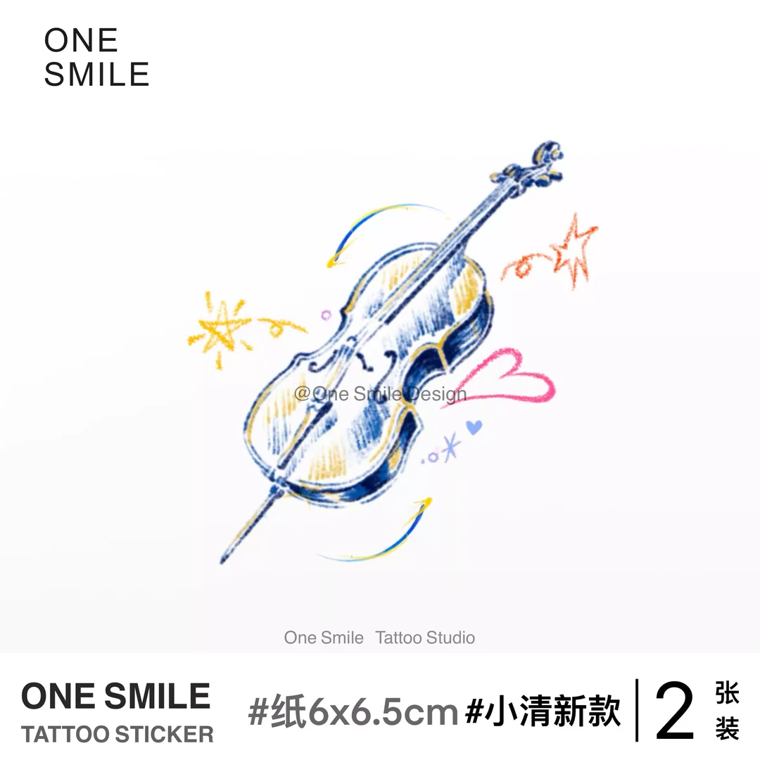 ONESMILE 音乐大提琴 小清新彩色防水持久音乐节手臂女原创纹身贴