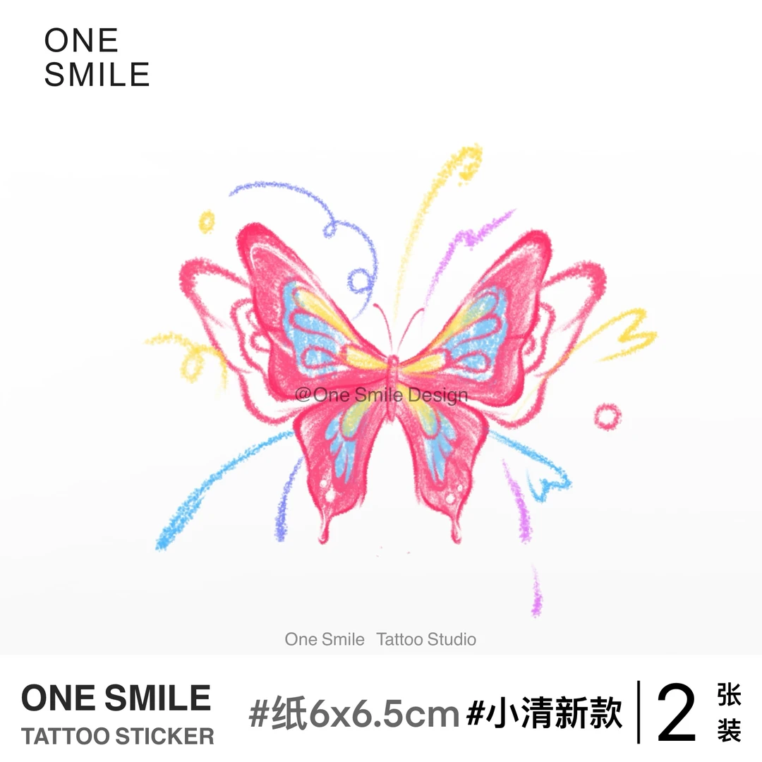 ONESMILE 彩色蜡笔蝴蝶 可爱卡通萌腰侧手臂小清新彩色原创纹身贴
