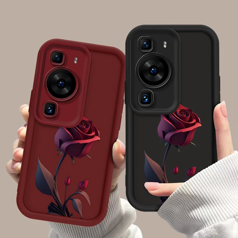 适用于华为P60一朵暗红玫瑰亲肤硅胶全包摄像头防摔手机壳