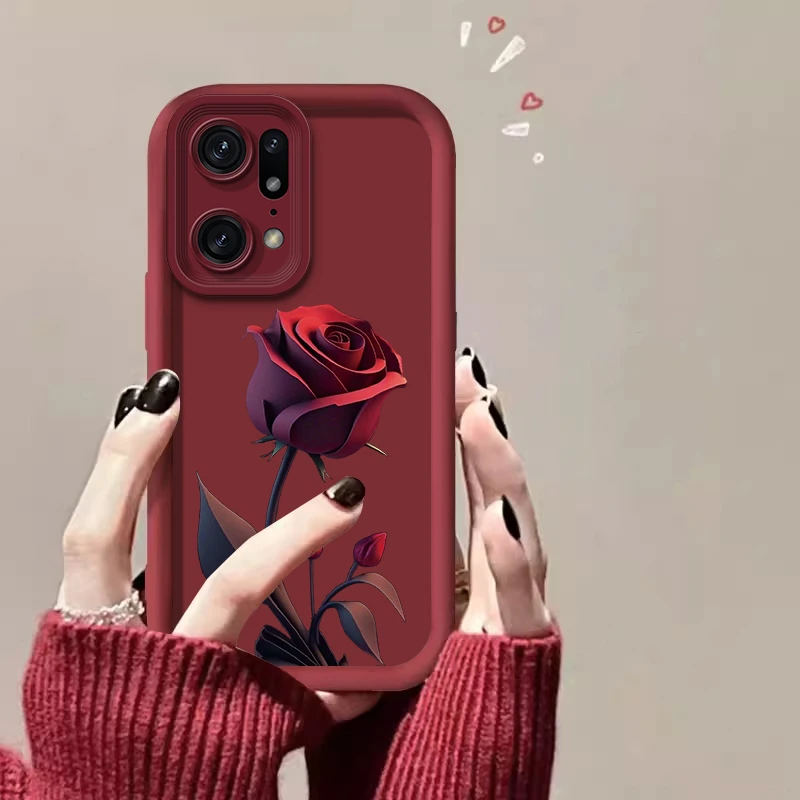 适用【OPPO FindX5Pro】一朵暗红玫瑰亲肤硅胶全包摄像头防摔手机壳