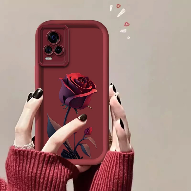 适用【vivo S7】一朵暗红玫瑰亲肤硅胶全包摄像头防摔手机壳