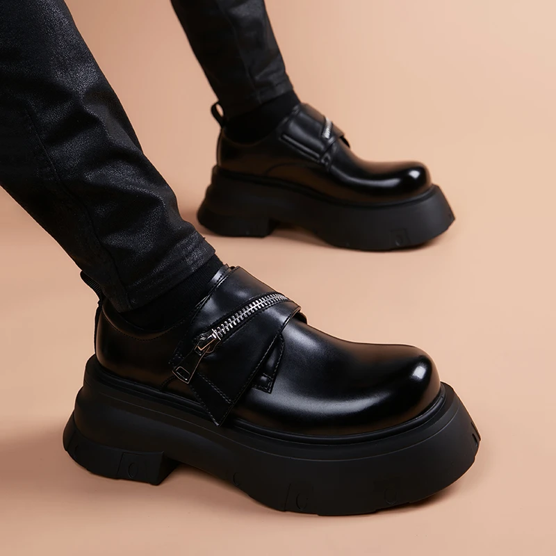 大头正装休闲皮鞋男百搭黑色真皮透气厚底内增高魔术贴潮流皮鞋