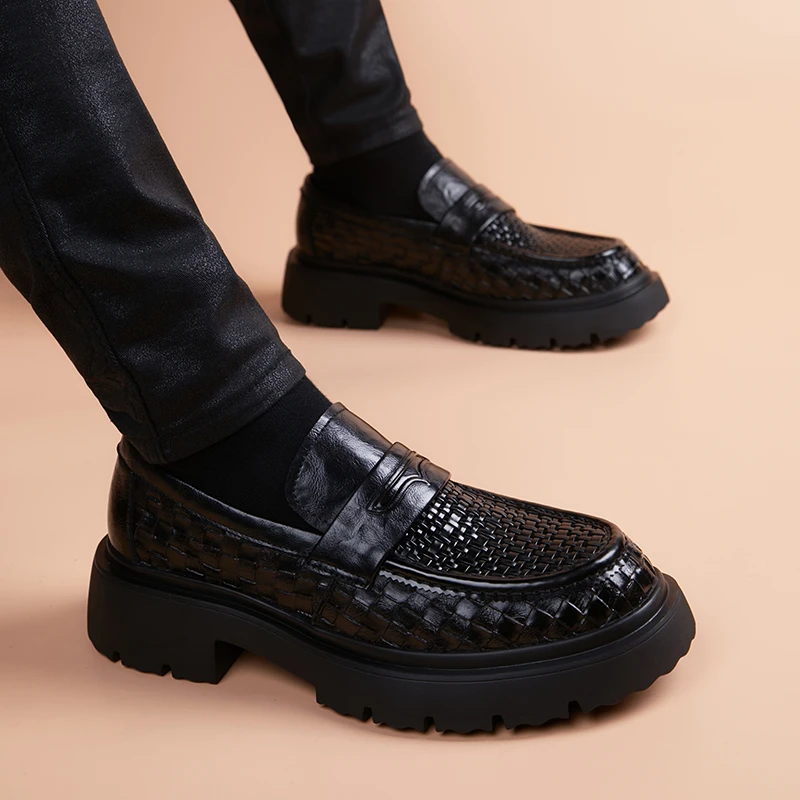 秋季真皮编织透气休闲皮鞋时尚百搭男士厚底镂空一脚蹬套脚皮鞋男