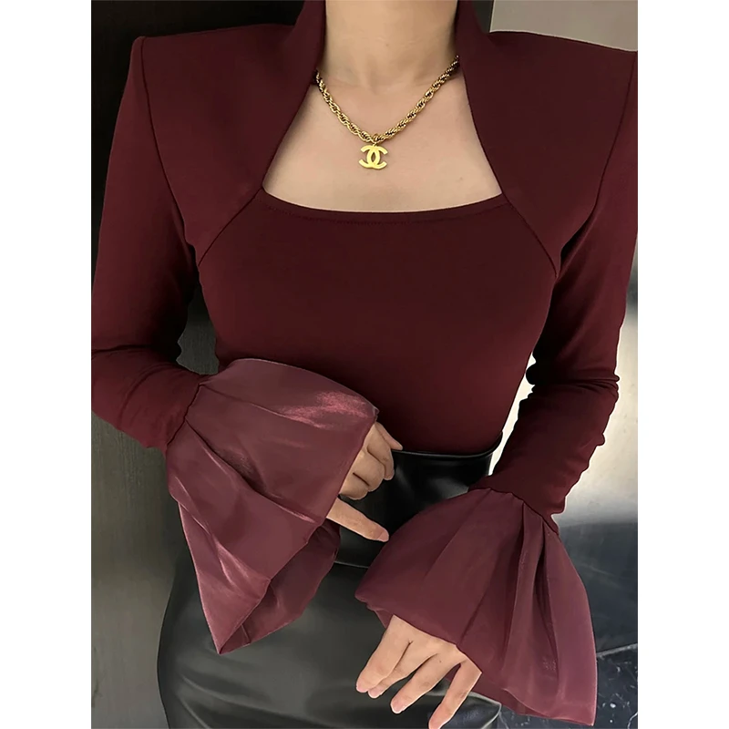 法式独特别致修身显瘦小众设计感黑色方领喇叭袖T恤上衣女打底衫