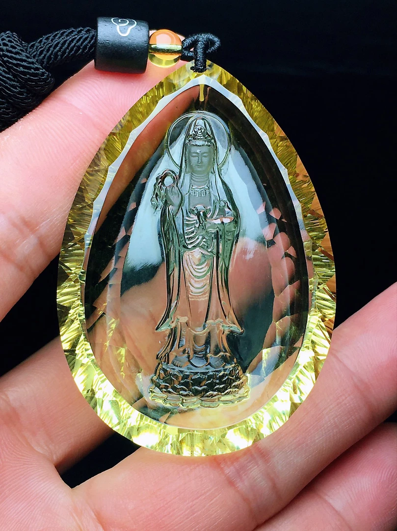 钻石切工！天然黄水晶千禧面观音菩萨吊坠规格：59*41*14mm重53克