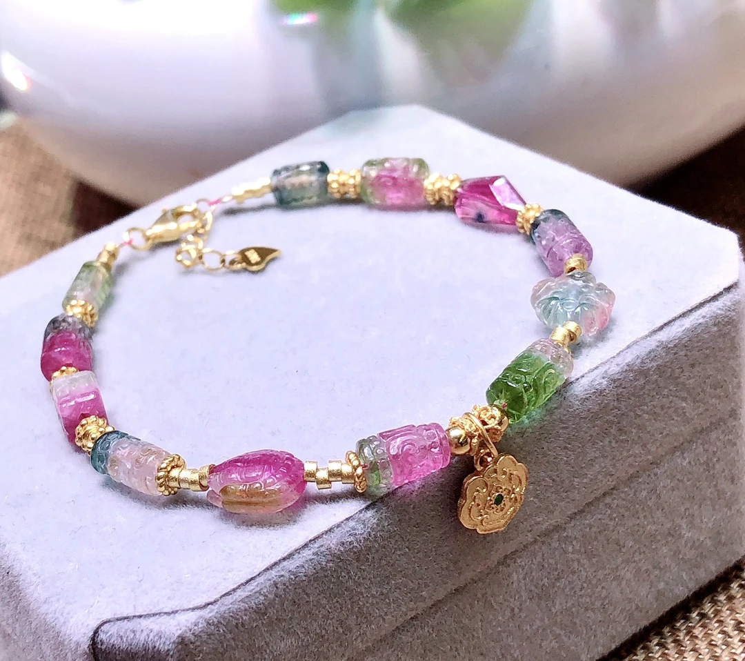 天然碧玺回纹珠转运珠手链 尺寸约9.0×5.1mm 重约8.13克