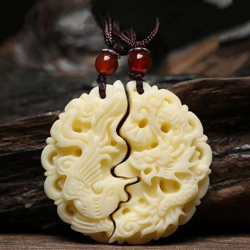 锁骨链象牙果雕刻龙凤佩吉祥吊坠黑绳项链男女情侣款脖挂毛衣链