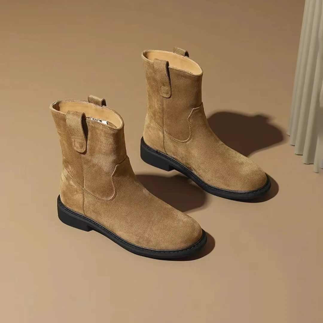 靴子时尚百搭真皮复古厚底英伦风平底中筒短靴