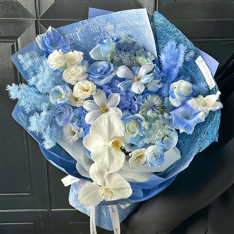 【蓝屿】6枝碎冰蓝蝴蝶兰郁金香绣球混搭花束送男友女友老婆闺蜜朋友纪念日鲜花同城附近花店配送上门小时达