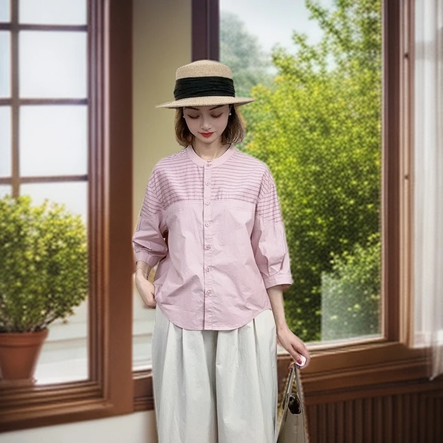 【花汐原品】韩版宽松显瘦条纹撞色拼接夏季休闲立领衬衫
