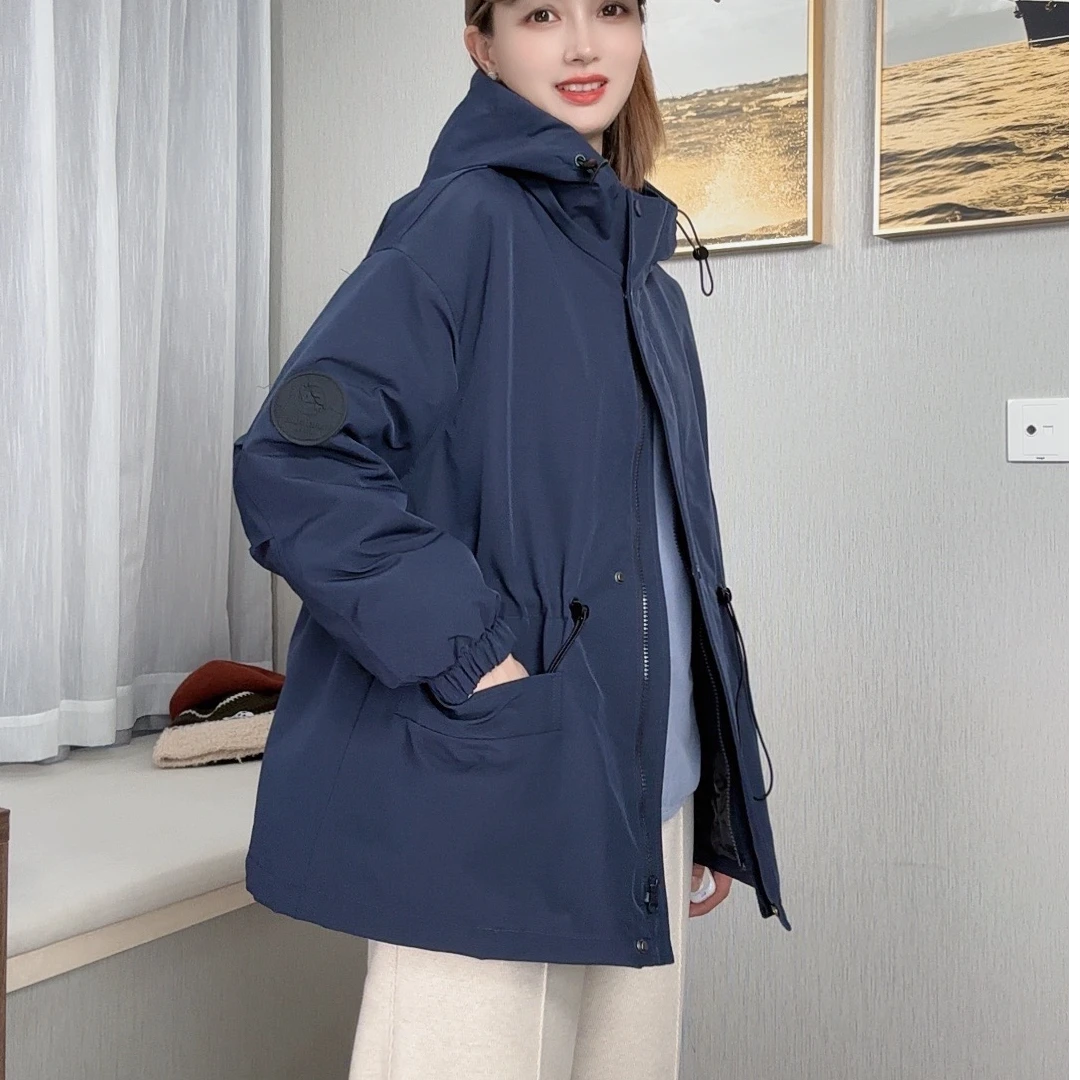 秋冬中长款加厚连帽冲锋衣女宽松显瘦夹棉保暖外套