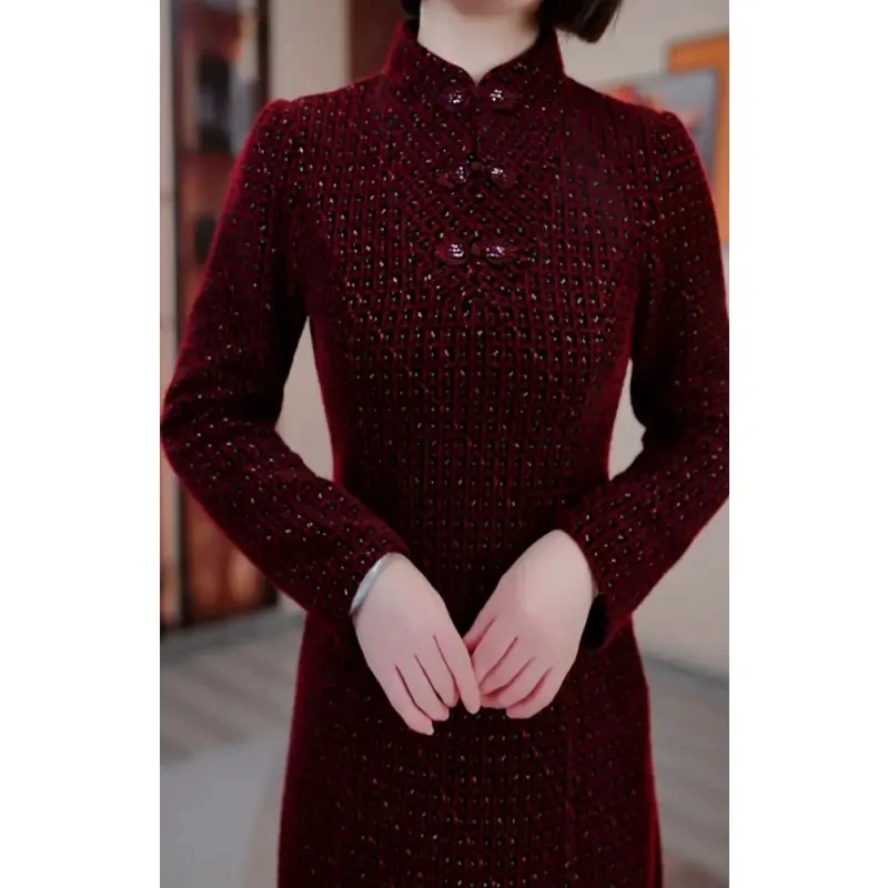 红格冬季加绒加厚修身显瘦遮肉连衣裙气质高雅大气时尚