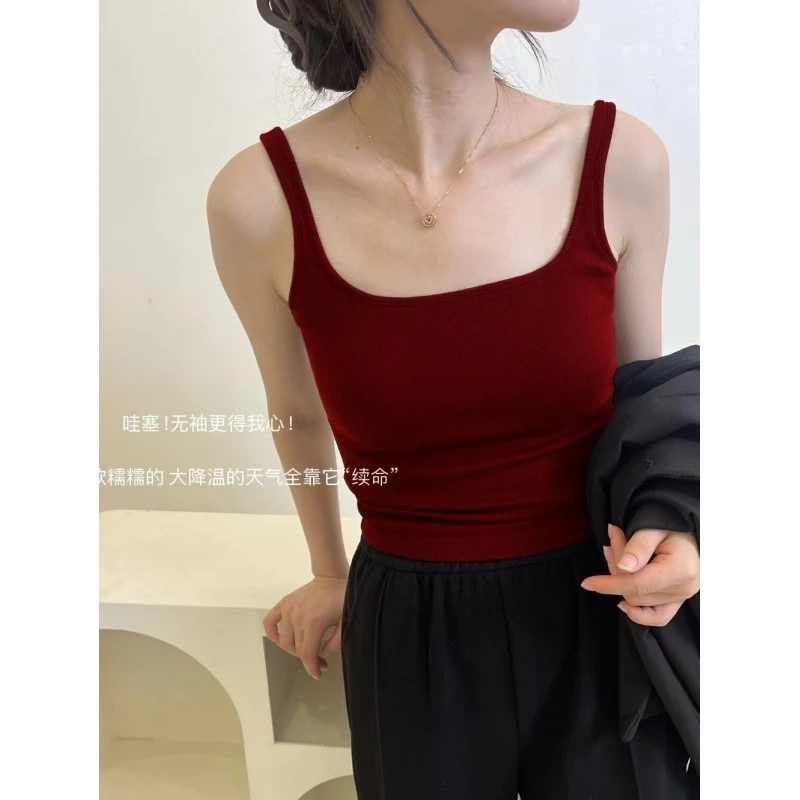 秋冬磨毛方领背心女内搭带胸垫修身打底防寒保暖无袖上衣