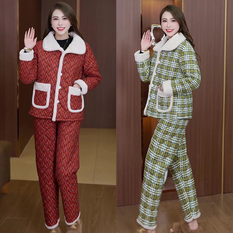 加绒加厚长袖长裤夹棉睡衣mama小香风气质洋气保暖秋冬季时尚