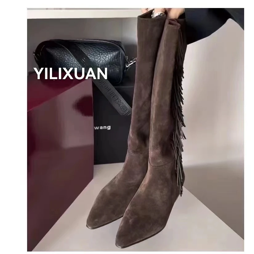 真皮长靴女2024秋季新款欧货平底套筒高靴磨砂牛皮尖头靴子2172-1
