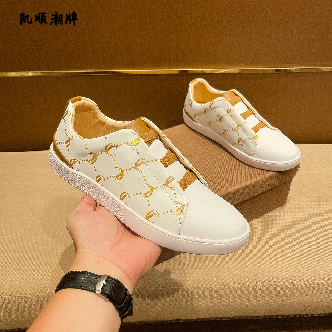 高端奢侈品轻奢一脚蹬懒人鞋免系潮流小白鞋国潮男拼色条纹金色鞋