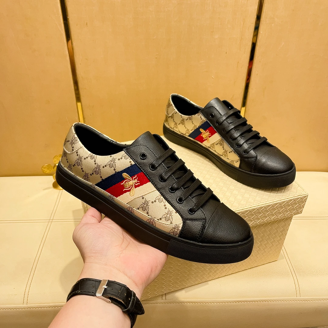 欧洲站男鞋2024年新款刺绣小蜜蜂板鞋男士潮流百搭真皮透气休闲鞋