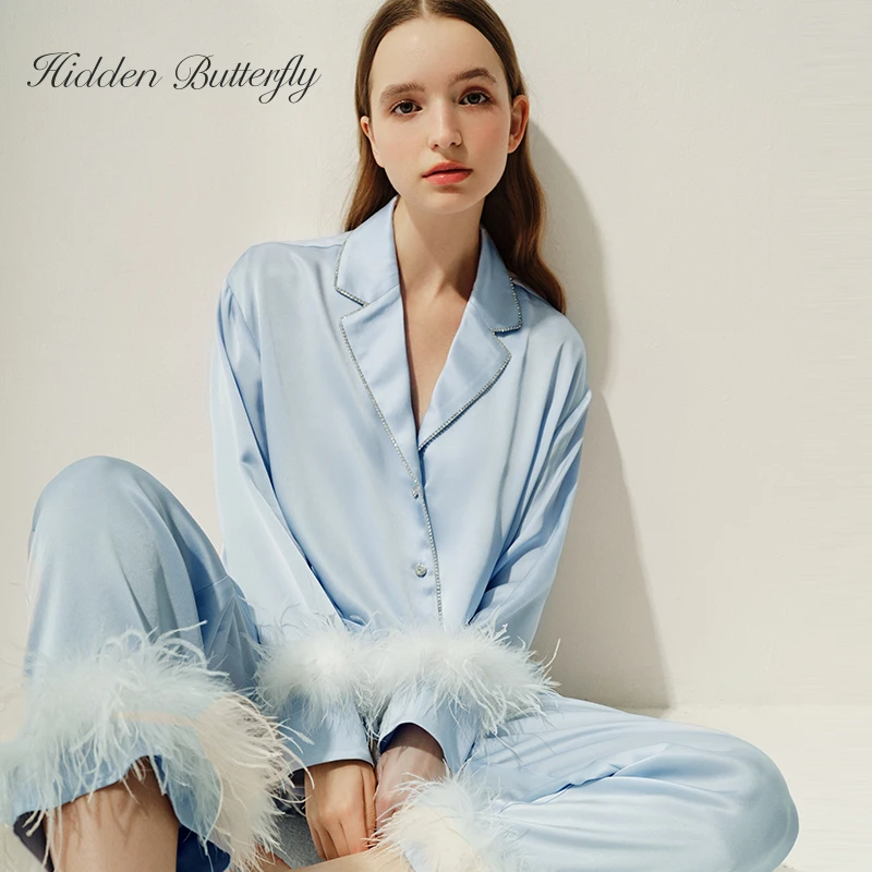 Hidden Butterfly双面进口醋酸纤维可拆卸鸵鸟毛HB家居服睡衣套装