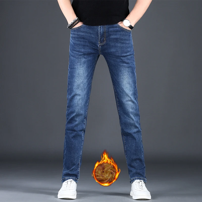 香港加绒加厚牛仔裤男修身小脚韩版潮流百搭弹力保暖休闲长裤冬季
