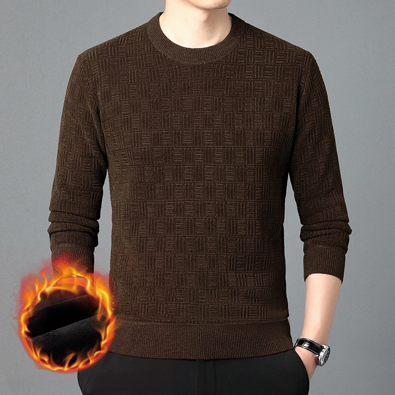 爸爸冬装加绒加厚保暖套头针织打底衫中老年男士圆领防寒毛衣长袖