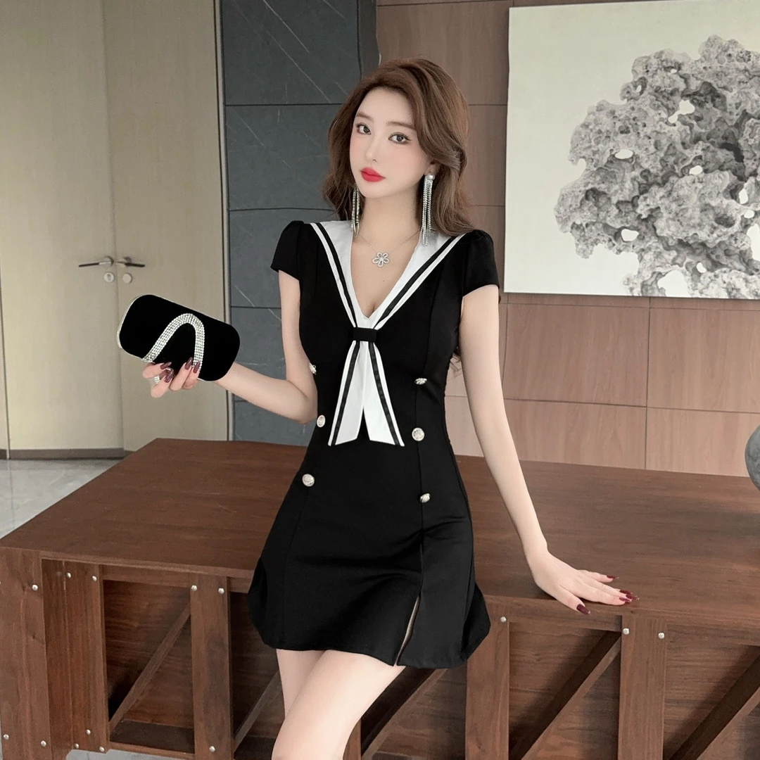 夜场上班衣服性感连衣裙2024新款学院风制服A字裙足浴技师工作服