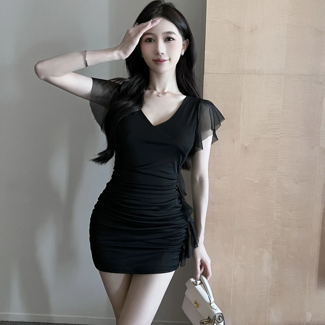 夜总店温柔风性感流苏拼接V领网纱包臀短袖连衣裙紧身收腰显瘦裙