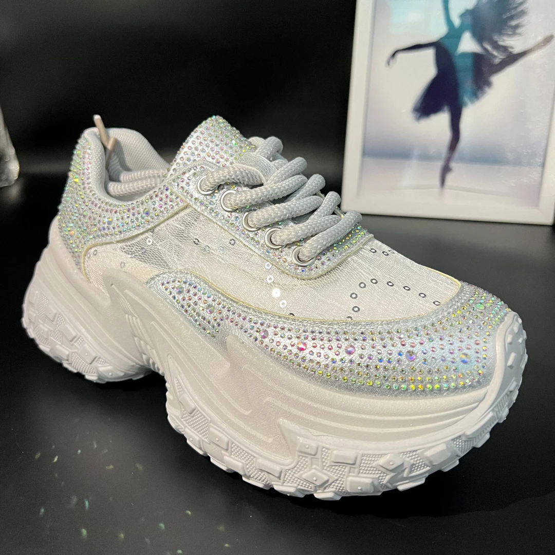 2024春夏季新款网面透气满钻松糕厚底增高运动风休闲百搭老爹鞋