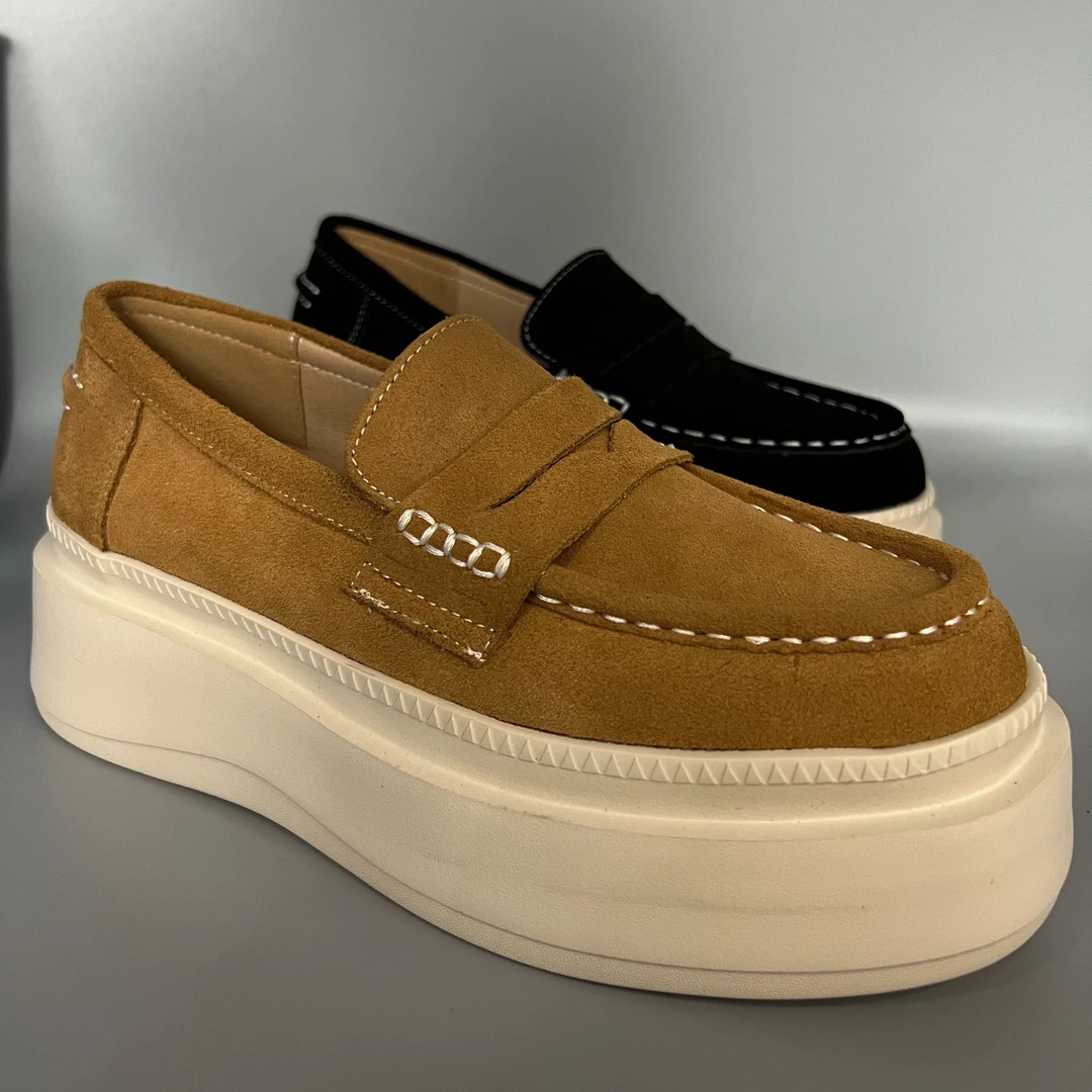 增高厚底豆豆鞋男翻毛牛皮低帮一脚蹬女鞋潮流时尚小众真皮乐福鞋