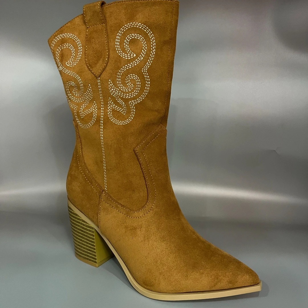 靴子女洋气小短靴春秋单靴复古尖头粗跟高跟真皮刺绣西部牛仔靴