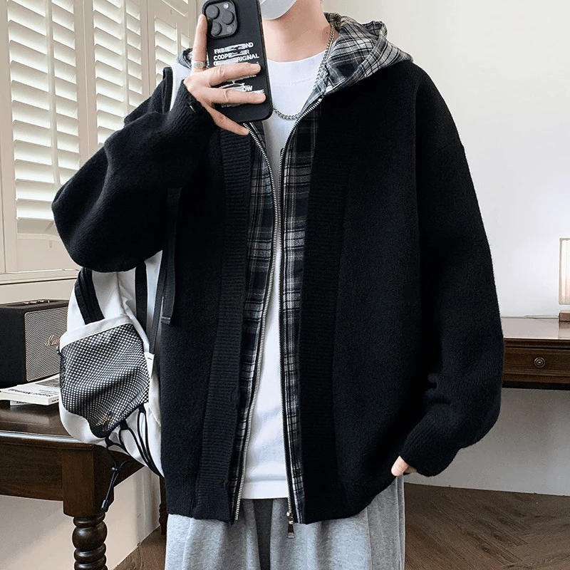 秋冬新款男生宽松休闲假两件针织开衫毛衣青少年学生休闲保暖外套