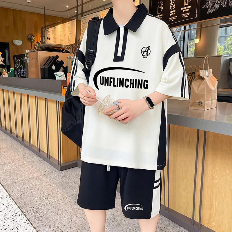 男生夏季新款休闲运动短袖POLO衫套装青少年学生潮流帅气T恤短裤